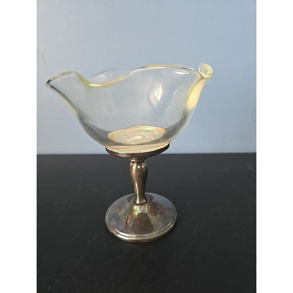 W&S Blackinton Silverplate Brass Compote Dish Crystal Ruffled Bowl Pedestal‎ Cup